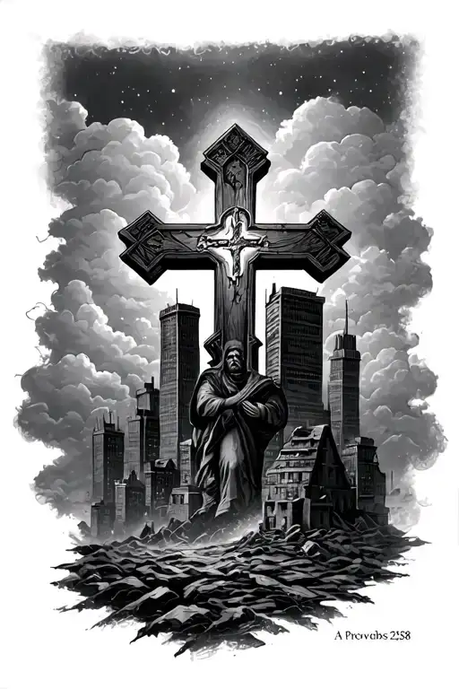 proverbs 25:28 a man without self control is like a city broken into without walls with a cross and clouds tattoo design idea