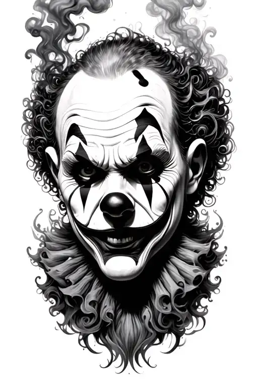 black and white, detailed head of a Clown, creepy, surreal, swirling patterns, smoke, intricate linework, horror, gothic tattoo design idea