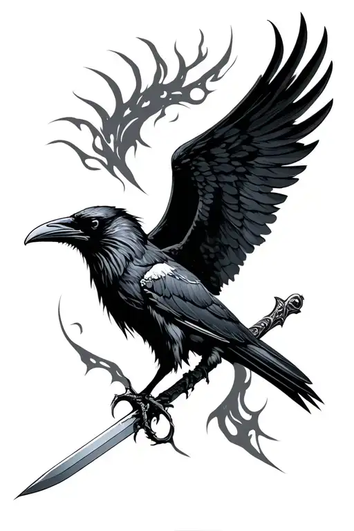 raven pierced by sword surrounded tattoo design idea