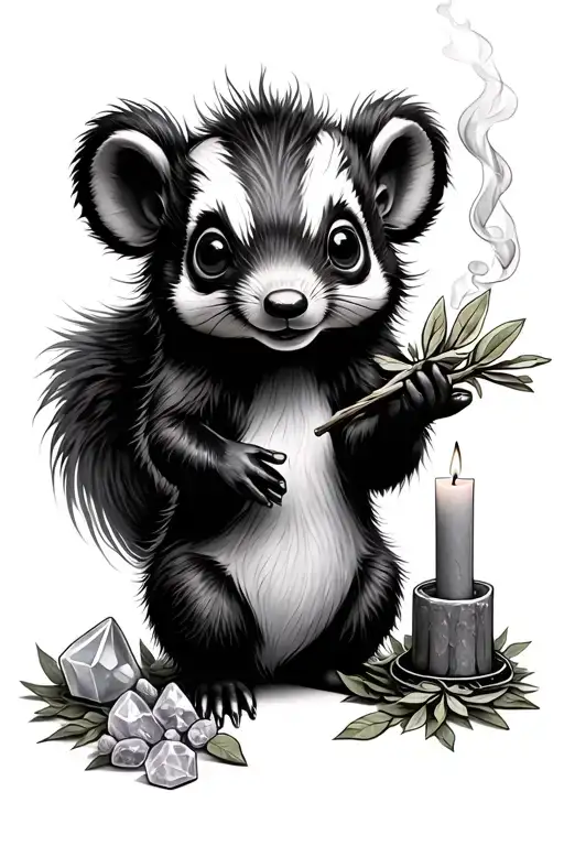 front facing Skunk holding of sage stick with smoke, surrounded by Candles and crystals. Gothic Creepy Cute artstyle tattoo design idea