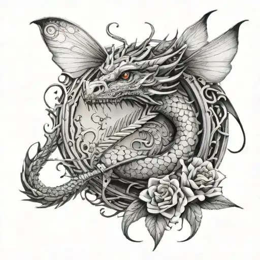 a dragon, with a dragonfly, a bow and arrow ,along with a sowrd  tattoo design idea