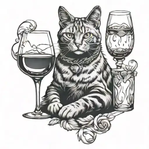 cat sitting whit glass of wine glass tattoo design idea