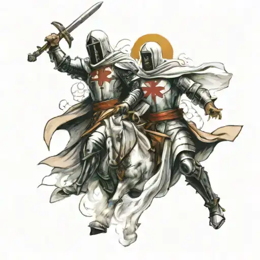 Give me a photo of Templar knight with cross in hand and Jesus Christ helping him in battle against the world  tattoo design idea