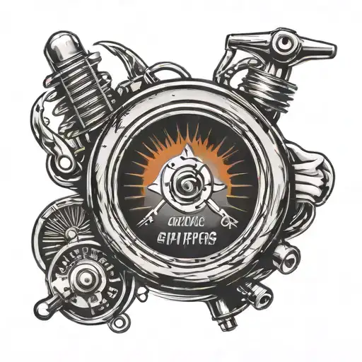 Digital speedometer, spark plug, cylinder, sports rim, fire tattoo design idea