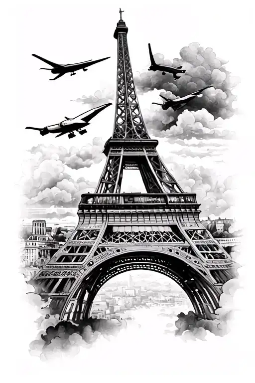 air bus and eifel tower on upper arm sliced separate into bands  tattoo design idea