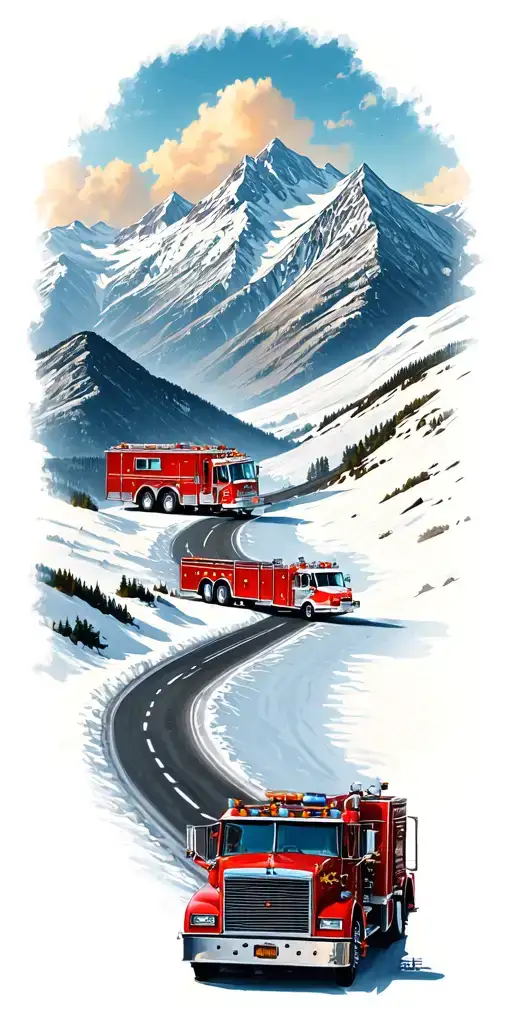 mountain road leading downwith landmarks of firetruck drums mixed tattoo design idea