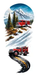 mountain road leading downwith landmarks of firetruck drums mixed tattoo design idea