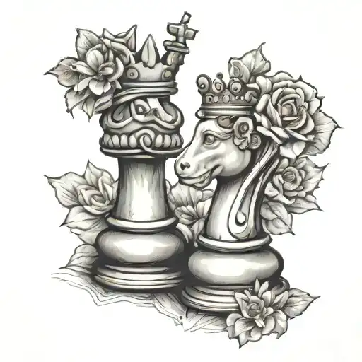 king and queen chess pieces together as a couple with 5 flowers representing children tattoo design idea