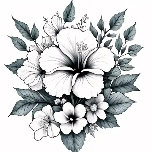forearm cherry blossom, hibiscus, acacia flower, geranium, azalea flower, cyclamen, poinsettia and stock tattoo design idea