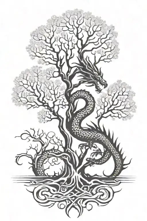 dragon and tree in square tattoo design idea