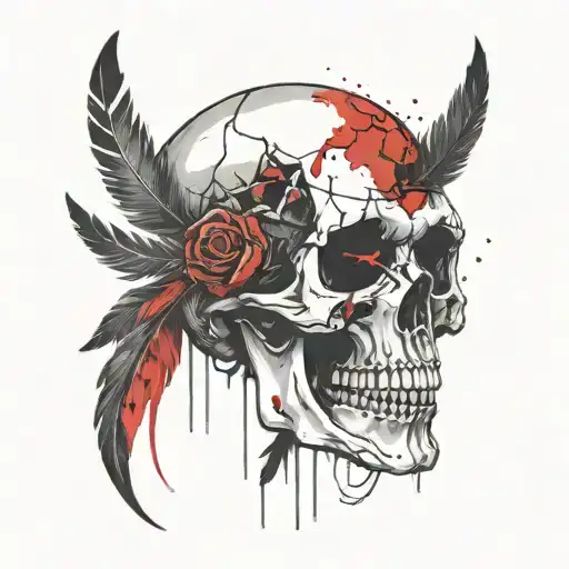 Laughing skull with feathers forming tattoo design idea