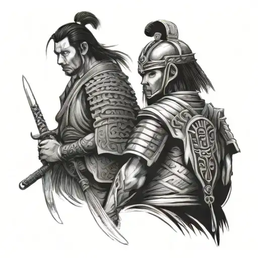 samurai facing a pharaoh tattoo design idea