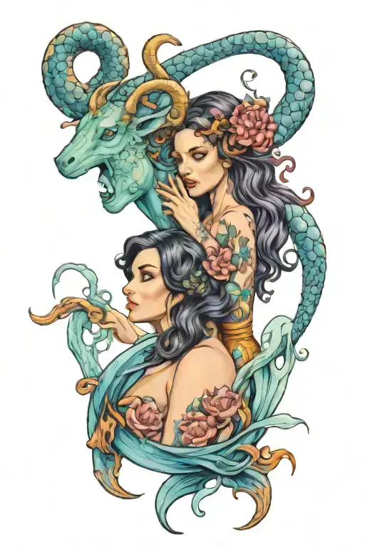 Aquarius woman with capricorn woman with water tattoo design idea