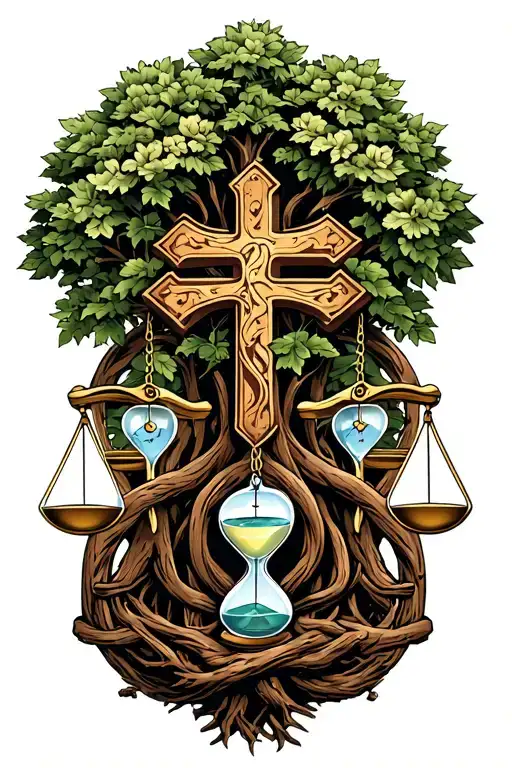 "McCullough Robbs" "McCullough Robbs"  tree of life intertwined with cross, libra scales and a hourglass  tattoo design idea