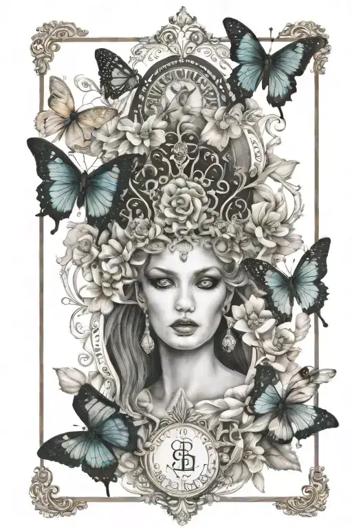 strength tarot card black queen flowers and butterflies tattoo design idea