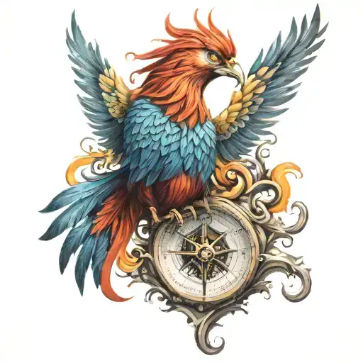 colorful Phoenix rising with compass design featuring tattoo design idea