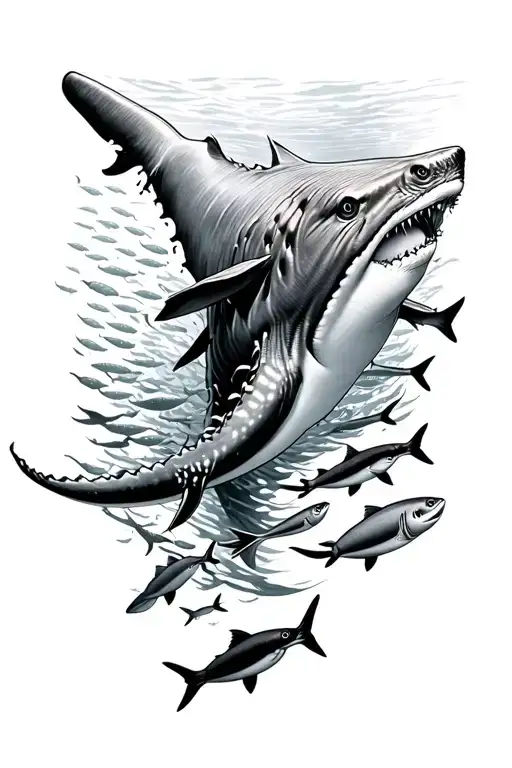 whale shark with schools of fish swimming tattoo design idea