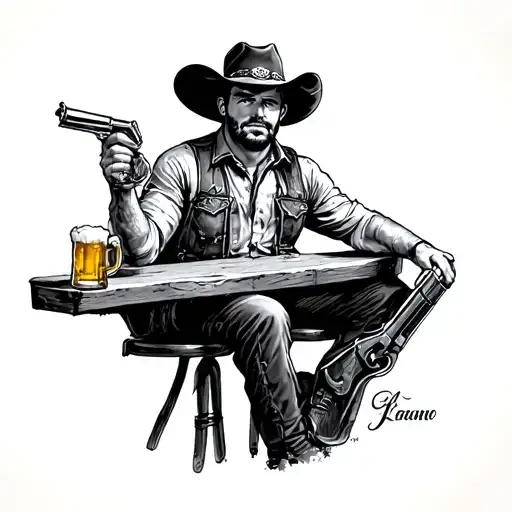 black and grey smooth shading of a western style cowboy sitting at the bar drinking beer with a gun on his hip  tattoo design idea