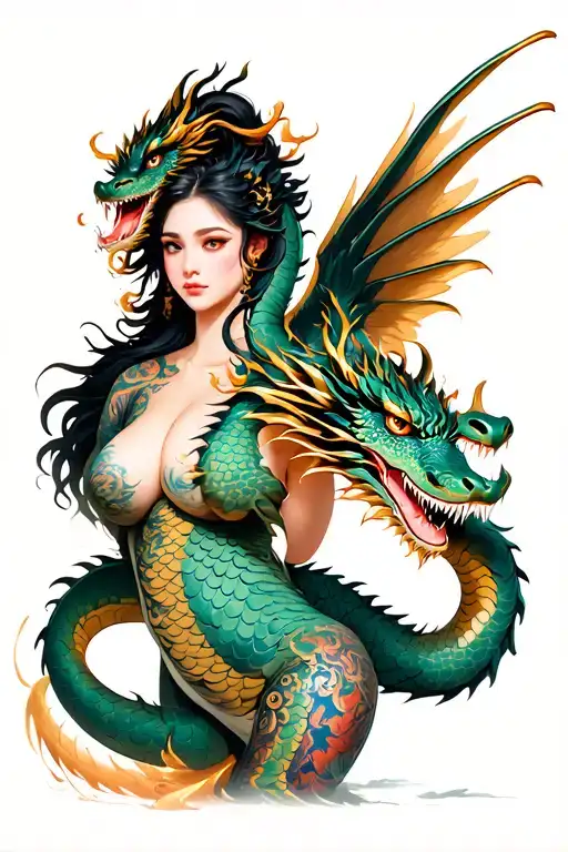 A full -figured girl in the style of realism, wrapped in a dragon Vake. The dragon wrapps her body, scales with a golden brilliance, wing tattoo design idea