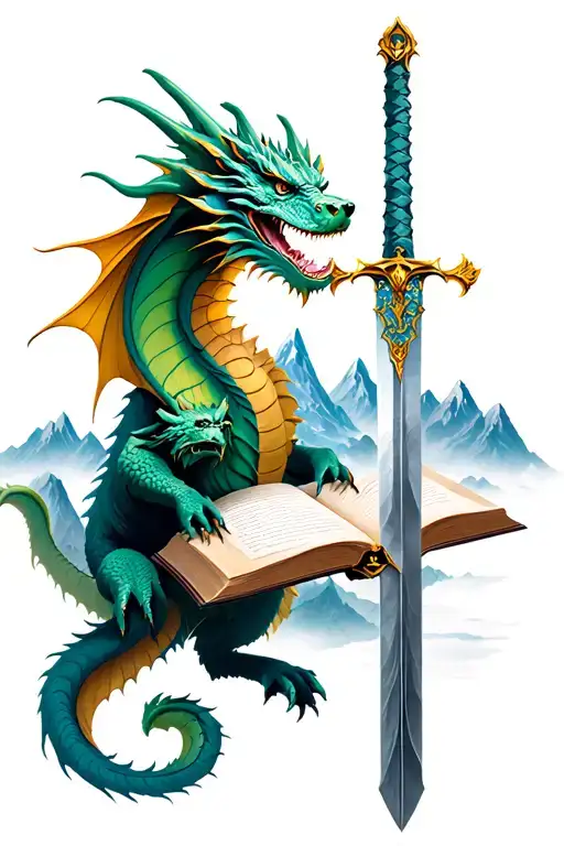 dragon, fairy, book, sword, bear, mountains tattoo design idea