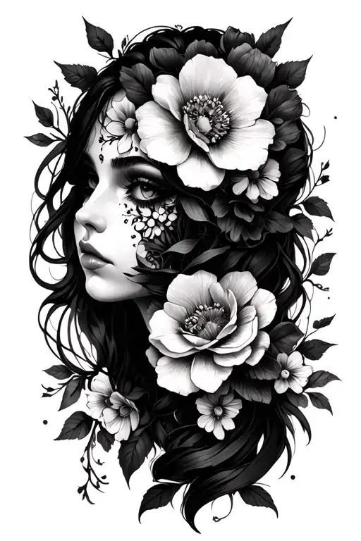gothic woman face covered by flowers intertwined tattoo design idea