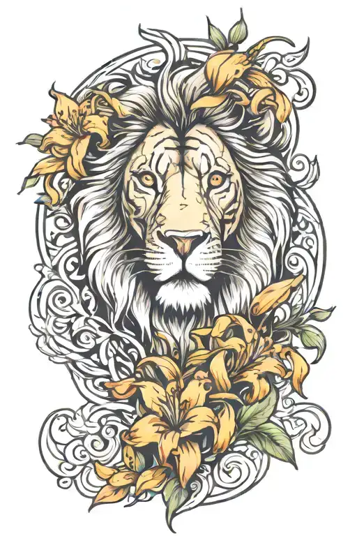 majestic lion surrounded with tiger lilies intertwined tattoo design idea