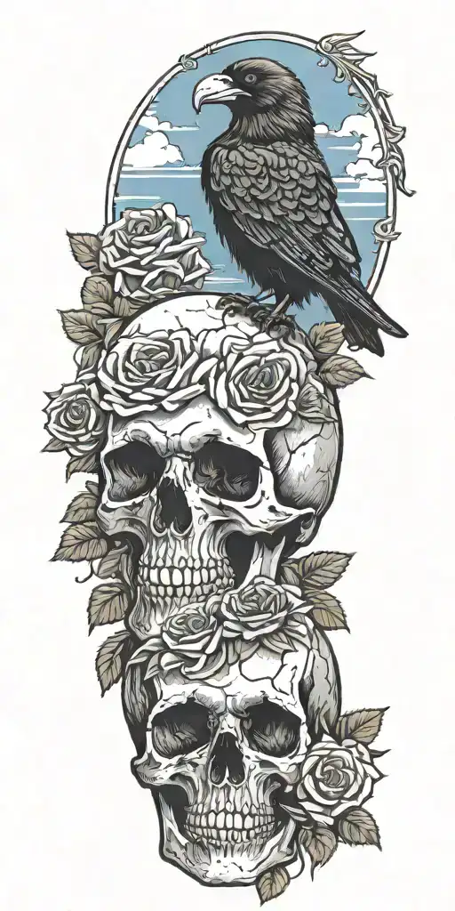 skull and roses with raven perched on top blue sky background  tattoo design idea