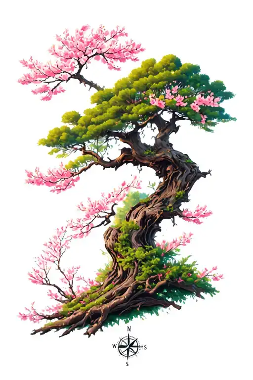 cherry blossom tree and add some direction like a compass, but not a compass. then give something growing from the tree tattoo design idea