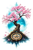 cherry blossom tree and add some direction like a compass, but not a compass. then give something growing from the tree tattoo design idea