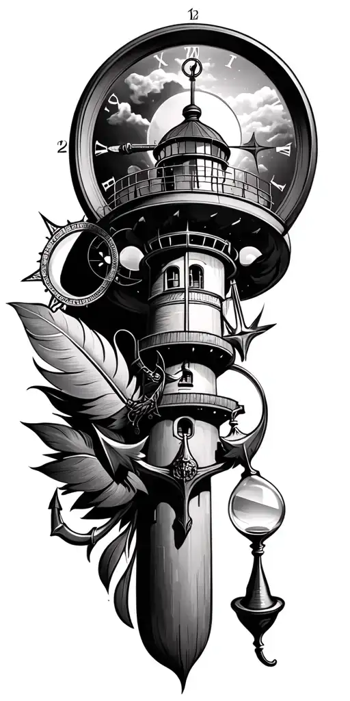 lighthouse, anchor, compass, quill pen, hour glass and magnifying glass tattoo design idea