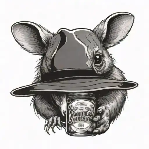 a possum in a cowboy hat with a jar of moonshine tattoo design idea