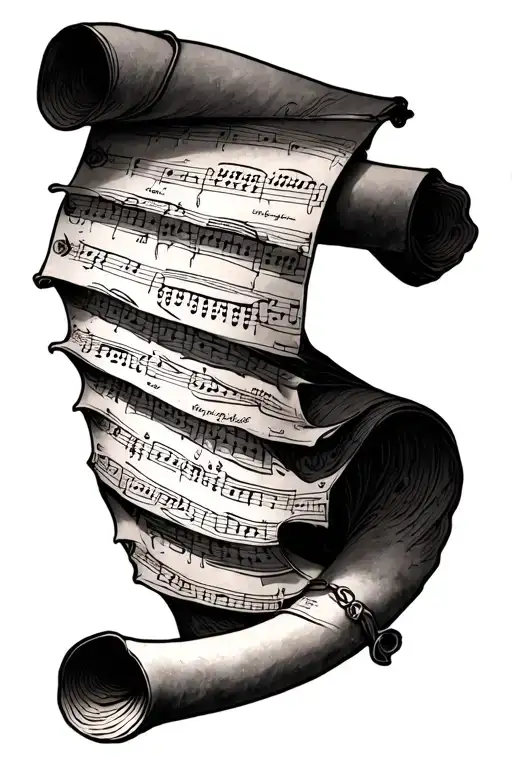rib cage tattoo featuring sheet music on an ancient scroll tattoo design idea