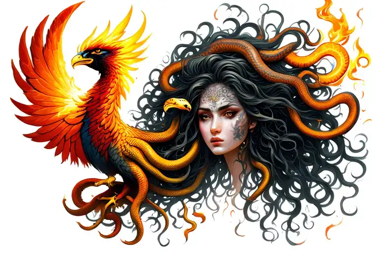 medusa head with snake hair and some of her snake hair breathing fire onto a Phoenix tattoo design idea