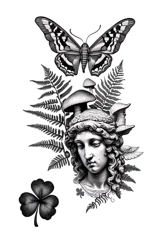 a full tattoo sleeve with a moth, ferns, mushrooms, playing cards, roman face statue, roman angel, leaf clover and irela tattoo design idea