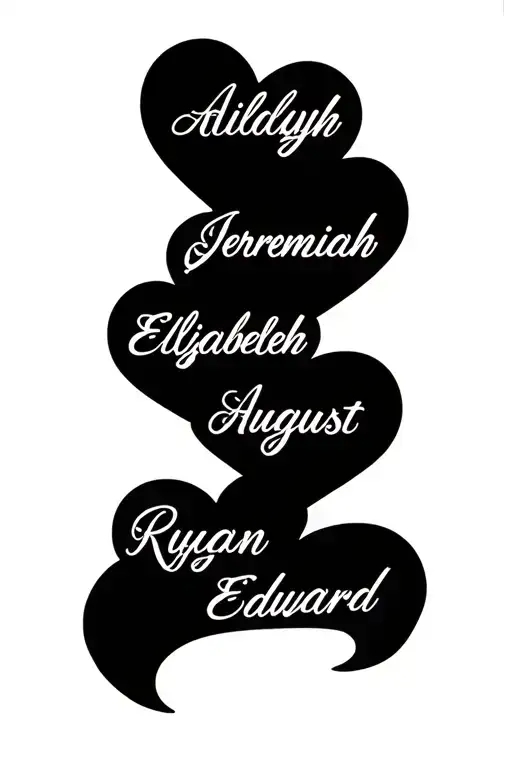 a heart with theses names in them Aaliyah Jeremiah Elizabeth August Ryan Edward  tattoo design idea
