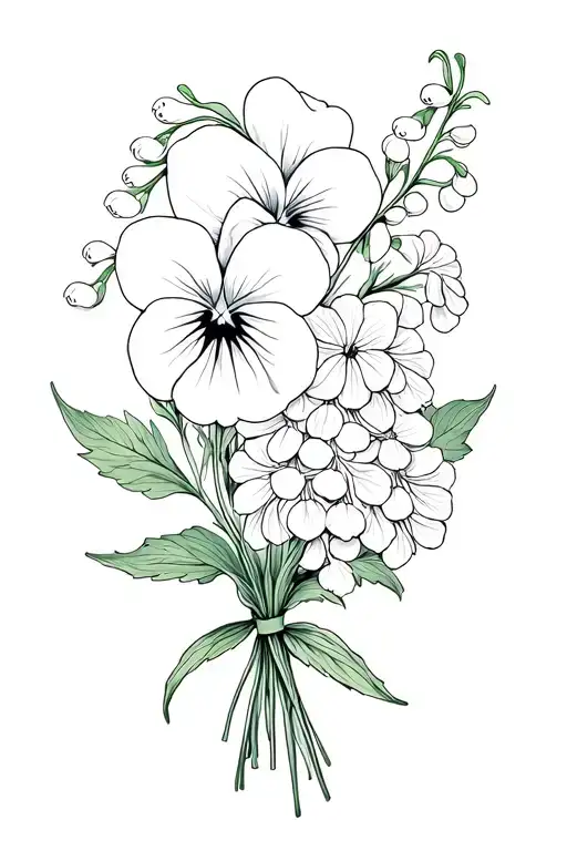 lily of the valley, pansy, hydrangea bouquet tied tattoo design idea