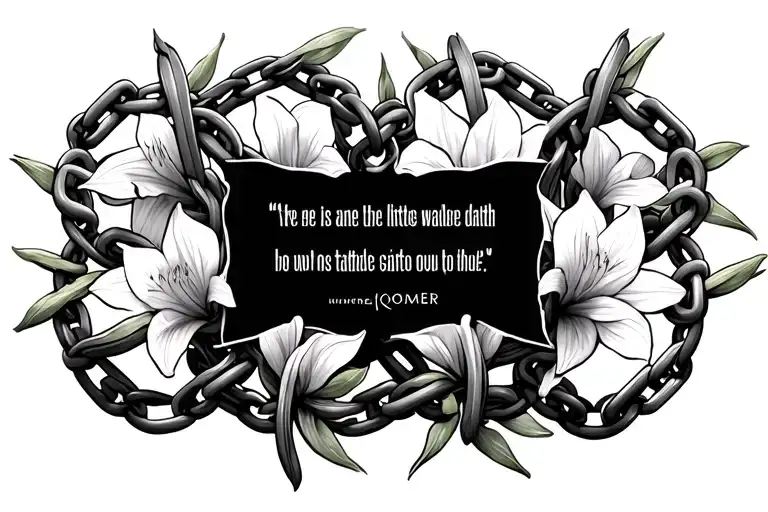 multiple small broken chains intertwined with small amaryllis flowers in the background with room for a quote in center tattoo design idea