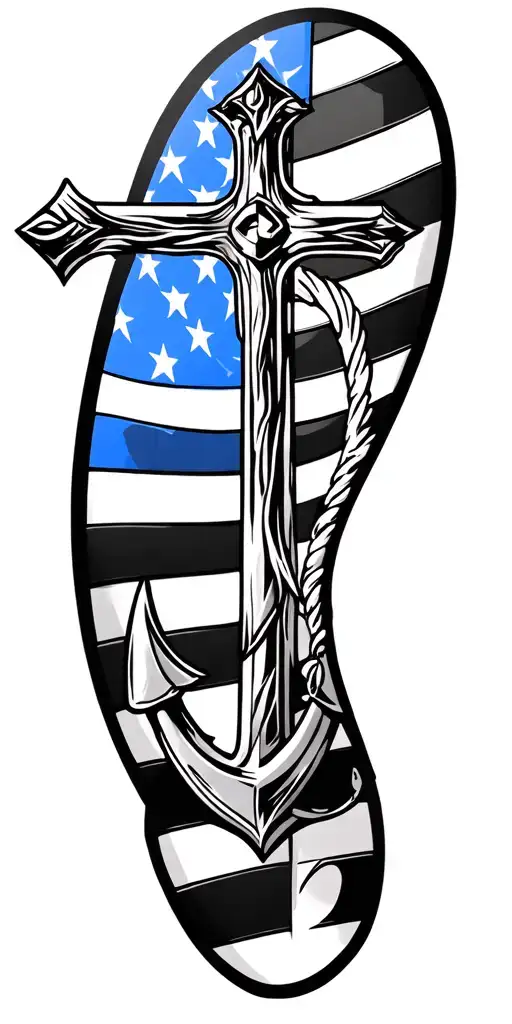Thin blue line flag with Navy Anchor, God's Cross and the Armor of God tattoo design idea