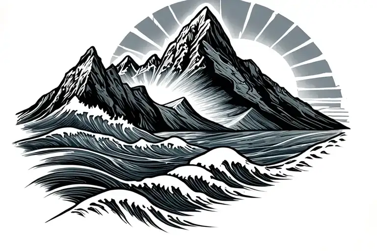 snow capped mountains on right chest with waves crashing at base with sun rising on shoulder tattoo design idea
