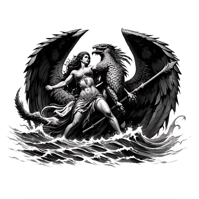 Athena riding a griffin, spear pointed downward into a sea of shadows ruled by Hades tattoo design idea