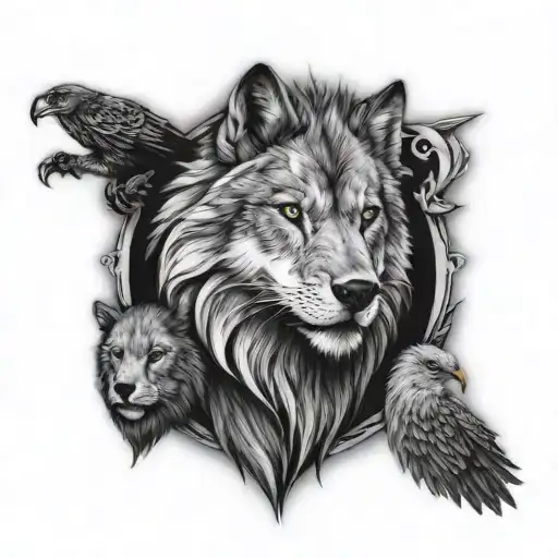 The combination of 3 animals, wolf, lion, eagle tattoo design idea