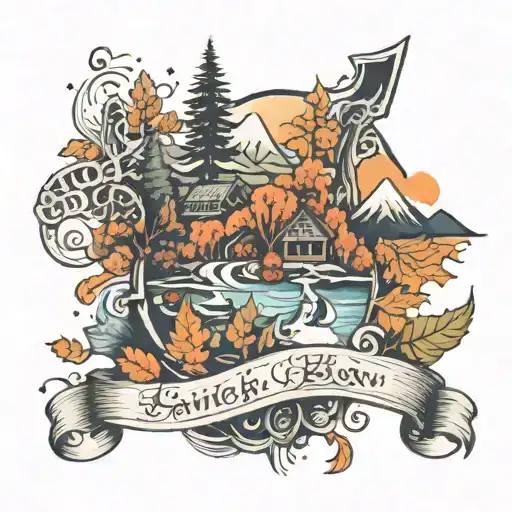 word Azi, within a scroll rib be ow a snow covered mountain, a campus . autumn leaves and music notes tattoo design idea