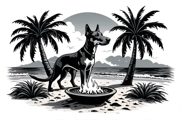 coastal beach scene palm trees fire pit kelpie dog tattoo design idea