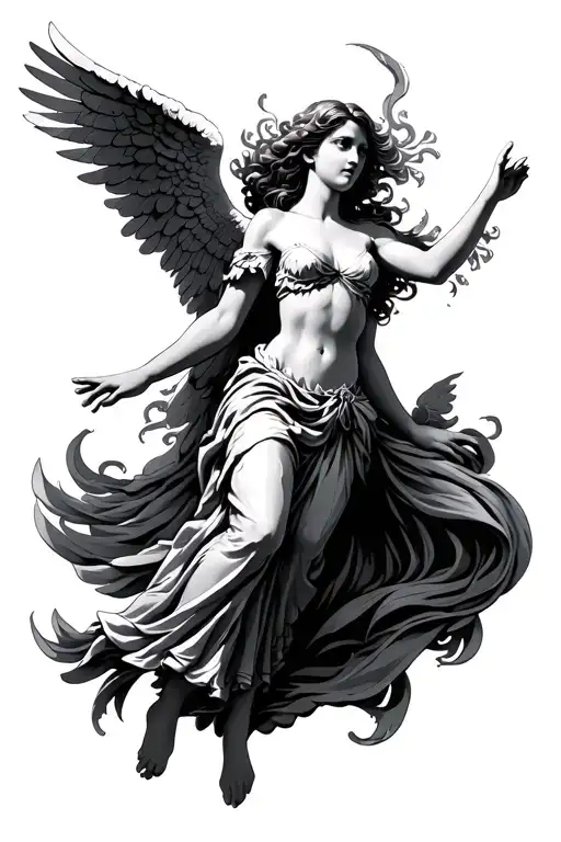 feminine angel flying infront of the heaven gates  tattoo design idea