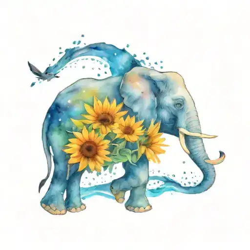 An elephant swimming gracefully in a galaxy-filled ocean, with a sunflower blooming on its back and a crow flying overhead tattoo design idea