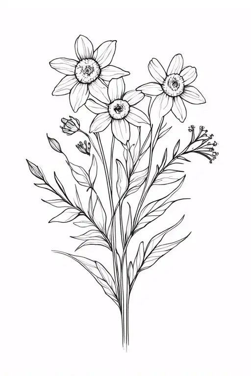 Fine line flower bunch with narcissus, aster and honey suckle flower  tattoo design idea