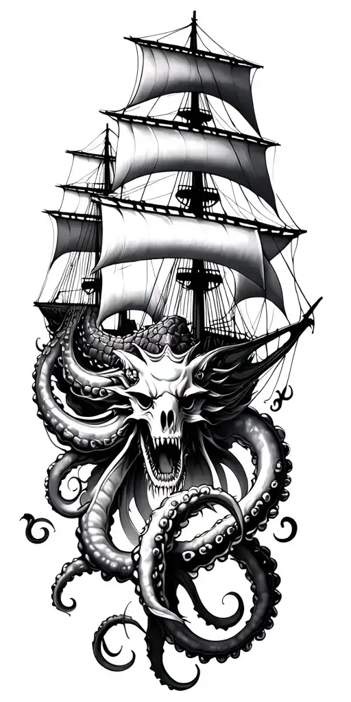 ship and kraken emerging from the depths tattoo design idea