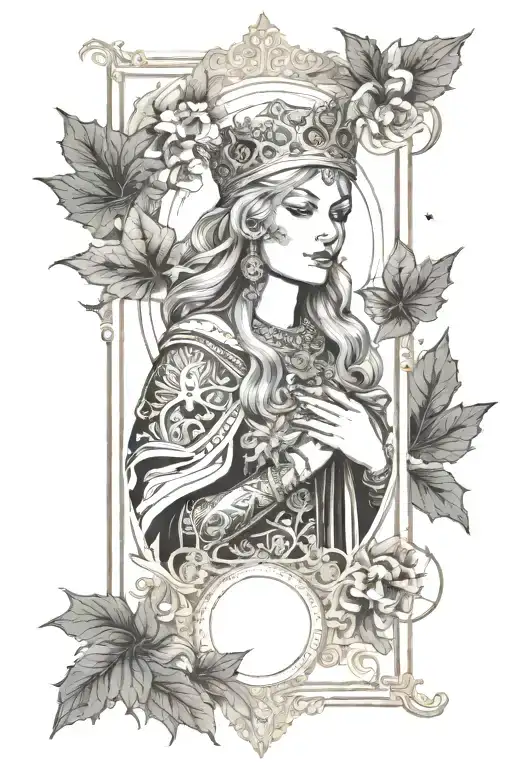 high priestess tarot card leaves around border black and white gold crown, the moon above her  tattoo design idea