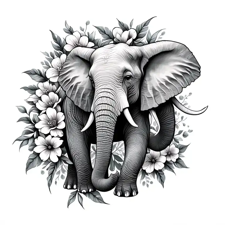 side view Elephant and flowers surrounding tattoo design idea