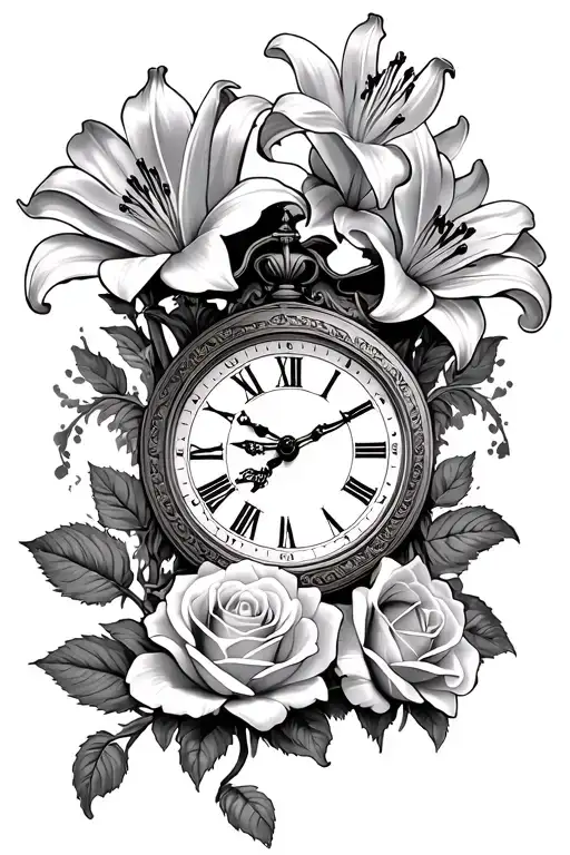 Father Time with 4 roses and 1 lily flower tattoo design idea